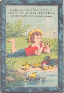 BOSTON BRANCH Boots & Shoes - Antique Victorian Trade Card - Boy Flute Ducks