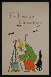 1910's The Fairman Co. Halloween Postcard Witch Stirring Cauldron with Black Cat