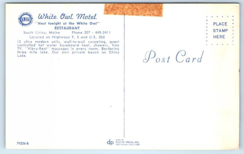 SOUTH CHINA, Maine ME ~ Roadside WHITE OWL MOTEL c1960s Kennebec County Postcard