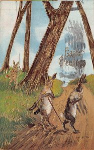 EASTER GREETINGS~RABBITS-TOP HAT & CANE~1910 GILT EMBOSSED POSTCARD