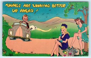 RISQUE Comic Linen c1940s Postcard: THINGS are LOOKING BETTER Up AHEAD