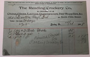 1898 The Reading Crockery Co China Glass Lamps Bar Reading Pa Invoice Letterhead