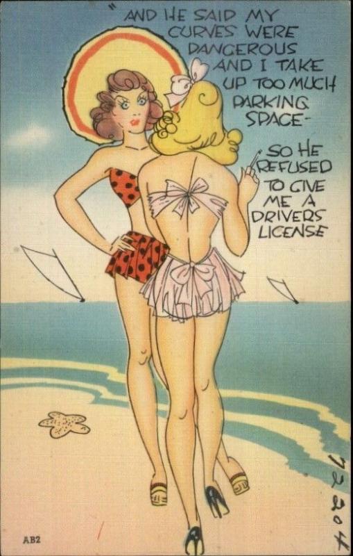 Bathing Beauty Sexy Lady Pin Up Linen Comic Postcard bck #1 BEACH