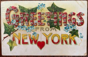 Vintage Victorian Postcard 1908 Greetings from New York Floral Card