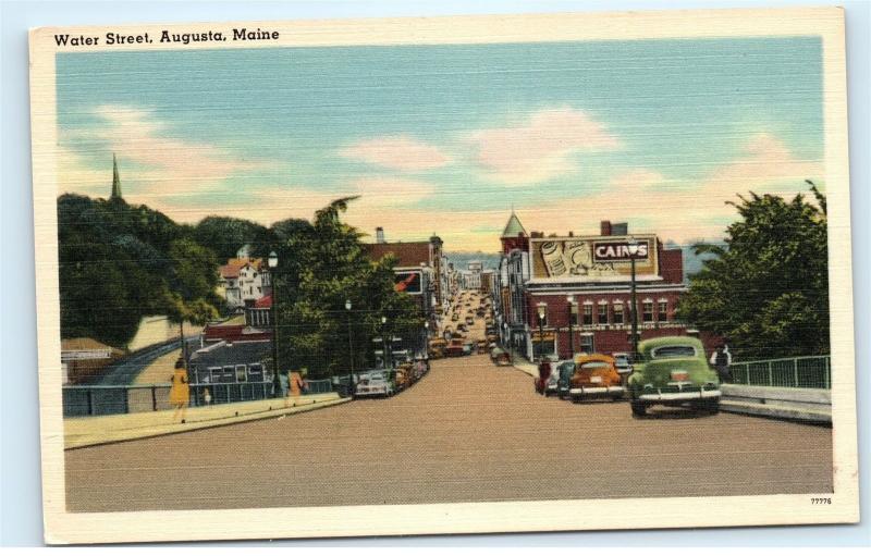 Water Street Town View Classic old Cars Augusta Maine ME Vintage Postcard B04