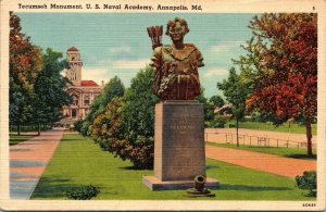 Tecumseh Monument US Naval Academy Annapolis MD Maryland Linen Postcard UNP VTG 