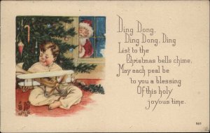 Christmas Santa Claus Little Boy Toy Airplane c1910 Vintage Postcard