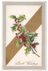 Best Wishes, Holly, Vintage 1907 Embossed Christmas Postcard