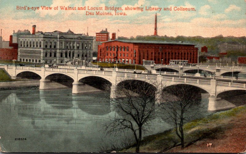 Iowa Des Moines Birds Eye View Of Walnut & Locust Bridges Showing Library and...