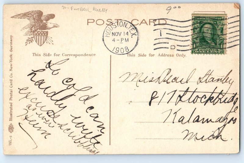 1908 Men Playing Football Rugby Sports Houston Texas TX Antique Posted Postcard