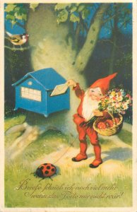 Lovely drawn dwarf gnome luck ladybug and mushrooms mail letter 1931 postcard