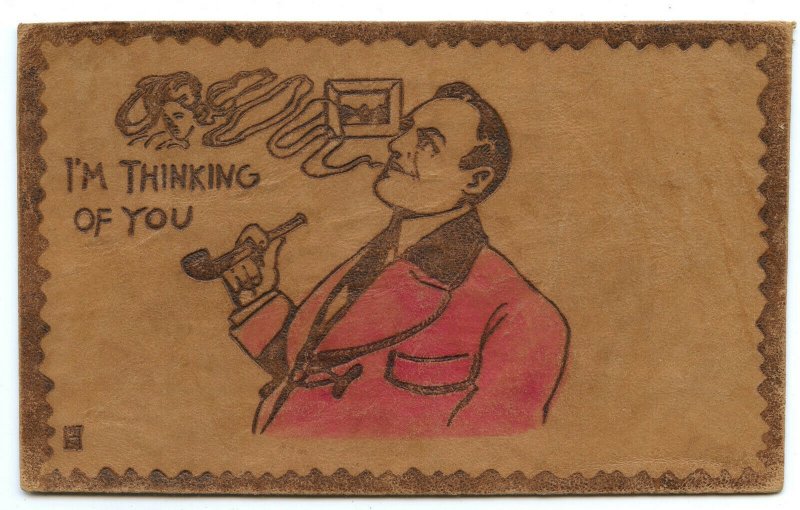 Postcard I'm Thinking Of You Man Smoking Pipe Vintage Leather Card 