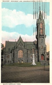 Vintage Postcard 1940 Soldiers Monument & Congregational Church So. Norwalk CT