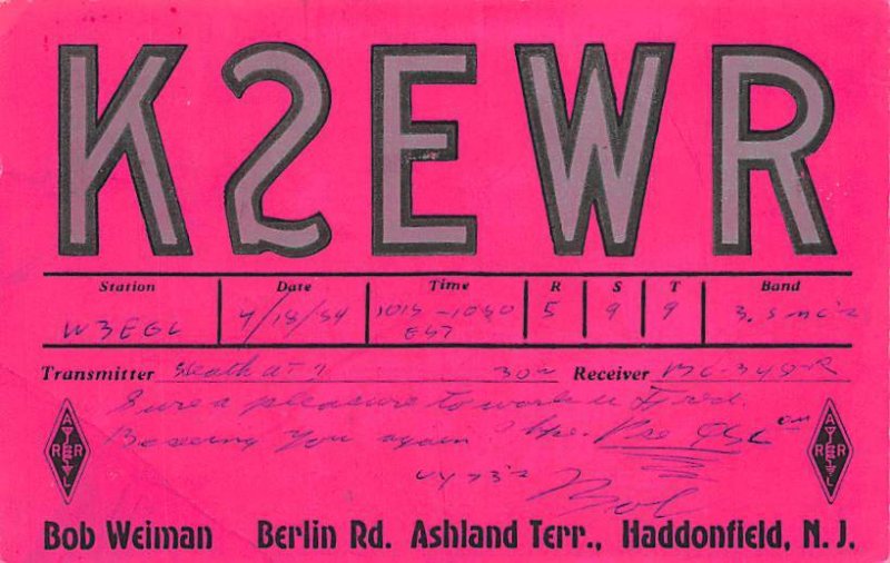 K2EWR Haddonfield, NJ, USA QSL 1954 
