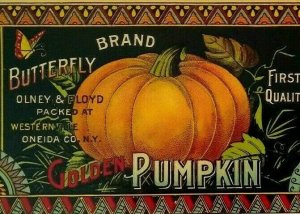 Butterfly Brand Golden Pumpkin Patch Halloween 1890's Food Can Label Lithograph 