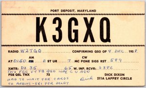 1958 QSL Radio Card Code K3GXQ Port Deposit Maryland Amateur Posted Postcard