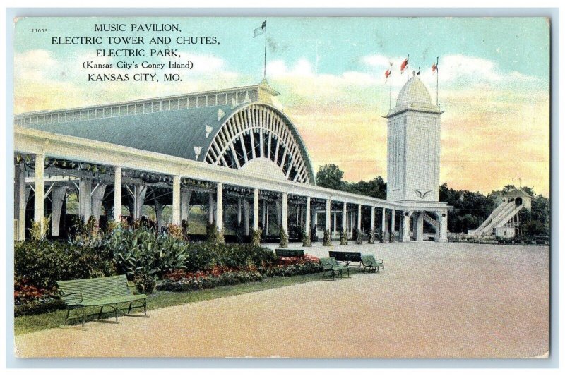 c1910 Music Pavilion Electric Tower Chutes Electric Park Kansas City MO Postcard