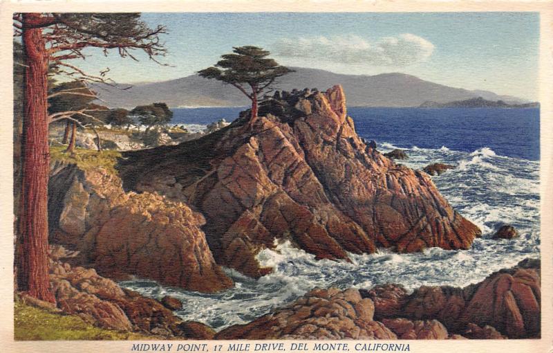 Midway point, 17 Mile Drive, Del Monte, California, Vintage Postcard, Unused