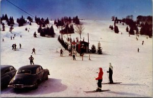 Vtg Lake Placid New York NY Fawn Ridge Ski Slope Skiers Old Cars 1950s Postcard