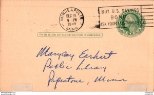 US Postal stationery 1c Minneapolis to Pipestone Min 1949