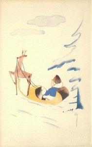 Caravaggio Child Reindeer Sled winter art 1950s Postcard 20-14079