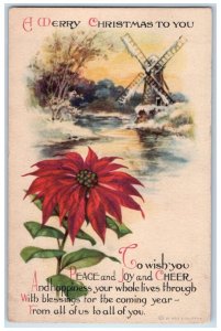 1918 Merry Christmas Poinsettia Flowers Windmill Wolf Stockbridge MA Postcard 