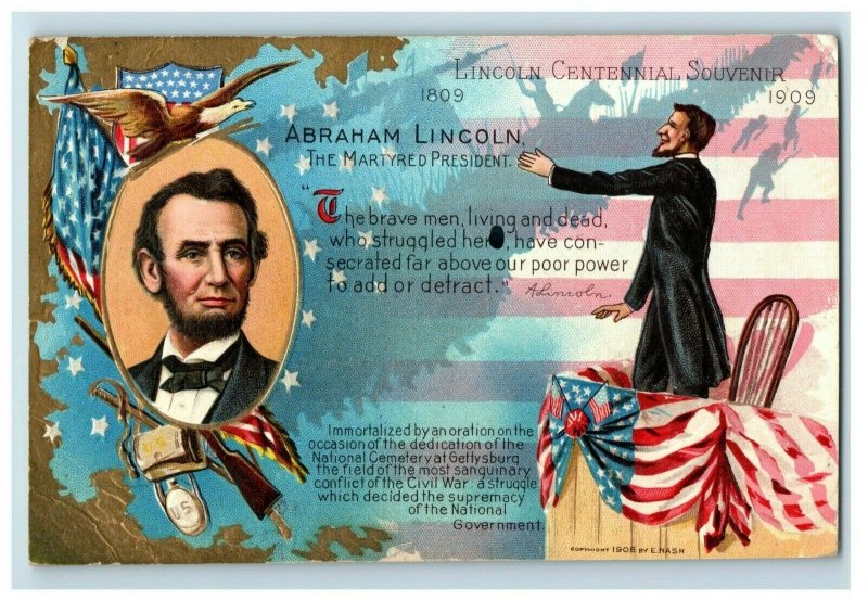 C.1908 Abraham Lincoln Centennial Souvenir Patriotic Nash Martyred Postcard P78 