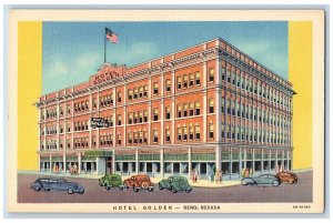 Reno Nevada NV Postcard Hotel Golden Building Exterior Roadside c1940s Cars Flag