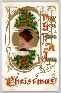 Art Nouveau Christmas Greetings Lovely Lady Gilded 1911 Postcard Q28