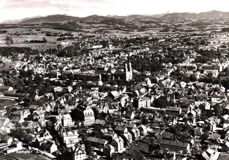 VINTAGE CONTINENTAL SIZE POSTCARD REAL PHOTO AERIAL VIEW OF KEMPTEN GERMANY 1966