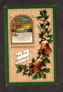 New Year Greetings Postcard Holly Bells Winter Scene 1912 Embossed