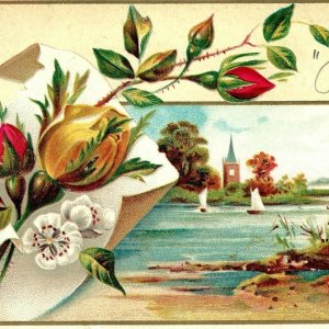 c1890s Church Lake Sailboat Victorian Trade Card Stock Rose Floral Embossed C20