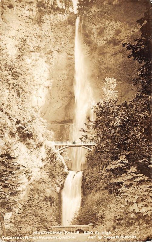 Oregon~Columbia River Highway~Multnomah Falls & Bridge~'40s Cross & Dimmit RPPC