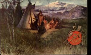 NATIVE AMERICANA Indians Around Campfire IORM c1910 PC