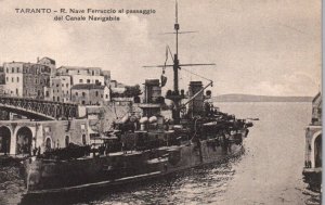 Postcard Italian Royal Navy Battleship Francesco Ferruccio in Canal Taranto