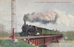 Fast Express Steam Train C.B.&O. RR Bridge Aurora IL Illinois - DB Avg Condition