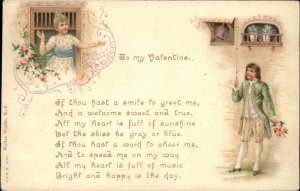 Valentine Young Boy Woos Girl in Window Poem Verse Font Lettering c1910 PC