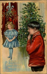 Christmas Boy Eyes Cute Little Girl Under Mistletoe c1910 Vintage Postcard