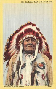 ROOSEVELT, Utah UT ~ UTE INDIAN CHIEF  ca1940's Linen NATIVE AMERICANA Postcard