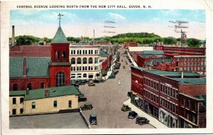 Postcard NH Dover Bird's Eye View Central Avenue Church Shops Old Cars 1937 S90