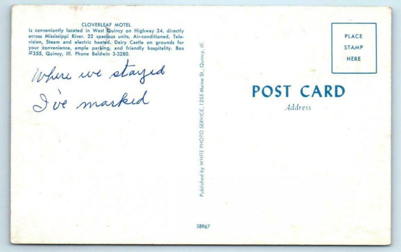 QUINCY, Illinois IL ~ Roadside CLOVERLEAF MOTEL ca 1950s-60s   Postcard