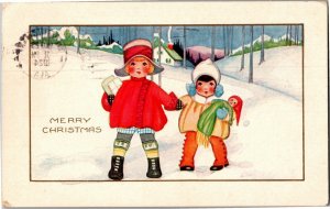 Merry Christmas, Two Little Girls in Snow, Doll, Packages c1924 Vtg Postcard U18