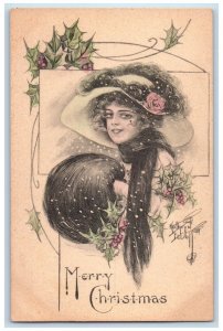 c1910's Merry Christmas Pretty Woman Handwarmer Kathryn Elliot Gibson Postcard 