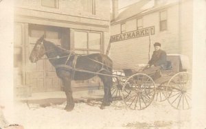 RPPC Old Man Horse-Drawn Cart Meat Market Sign Vintage Photo Postcard c1910s