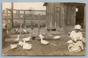 FARM SCENE LADY w/ GOOSE ANTIQUE REAL PHOTO POSTCARD RPPC