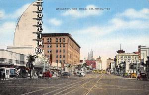 San Diego California Broadway Street Scene Bowling Alley Antique Postcard K94247