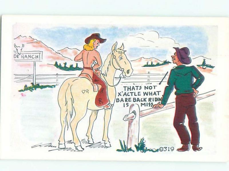 Pre-1980 Risque Comic western COWGIRL THINKS BAREBACK MEANS RIDING NUDE AB6972