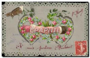 Old Postcard Fancy Embroidery Flowers Hearts