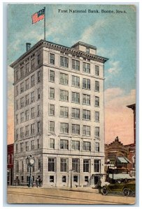 1917 Antique Car, Street Clock, US Flag First National Bank Boone IA Postcard