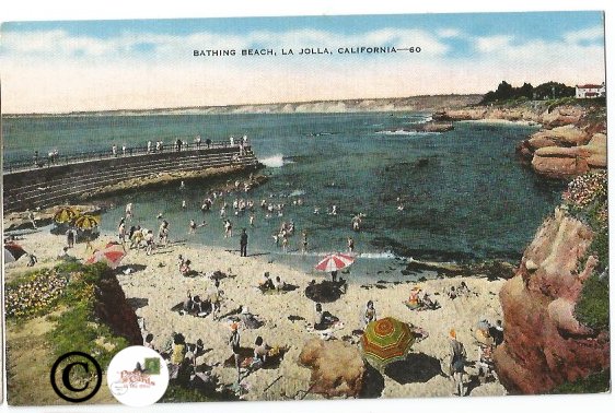 Vintage Linen Postcard Bathing Beach, La Jolla California Beach Scene Pier